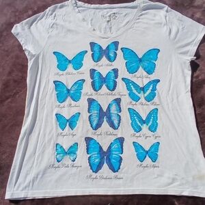 Hanes White Tee with Blue Butterfly Print